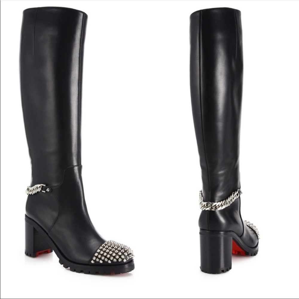 SOLD❤️Christian Louboutin Napaleona Spiked-Toe Red Knee Bl boots leather - Picture 2 of 16
